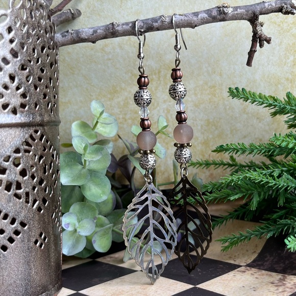 Handmade Nature-Inspired Bronze Leaf Earrings Boho - Picture 3 of 9